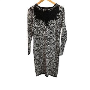 LEao GUY Black & White Patterned Sheer Lace Panel Back Fitted Sweater Dress 3